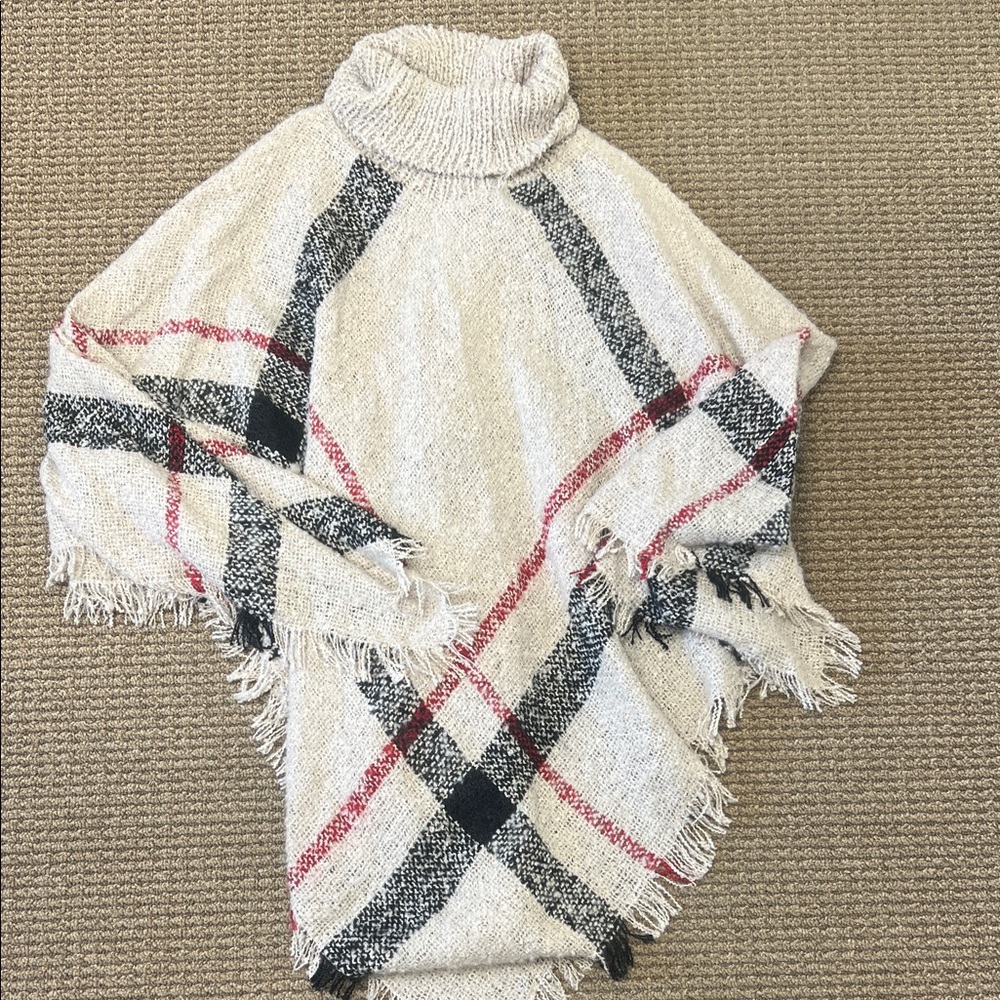 NEW Burberry Cream Plaid Turtleneck Poncho - Picture 2 of 5